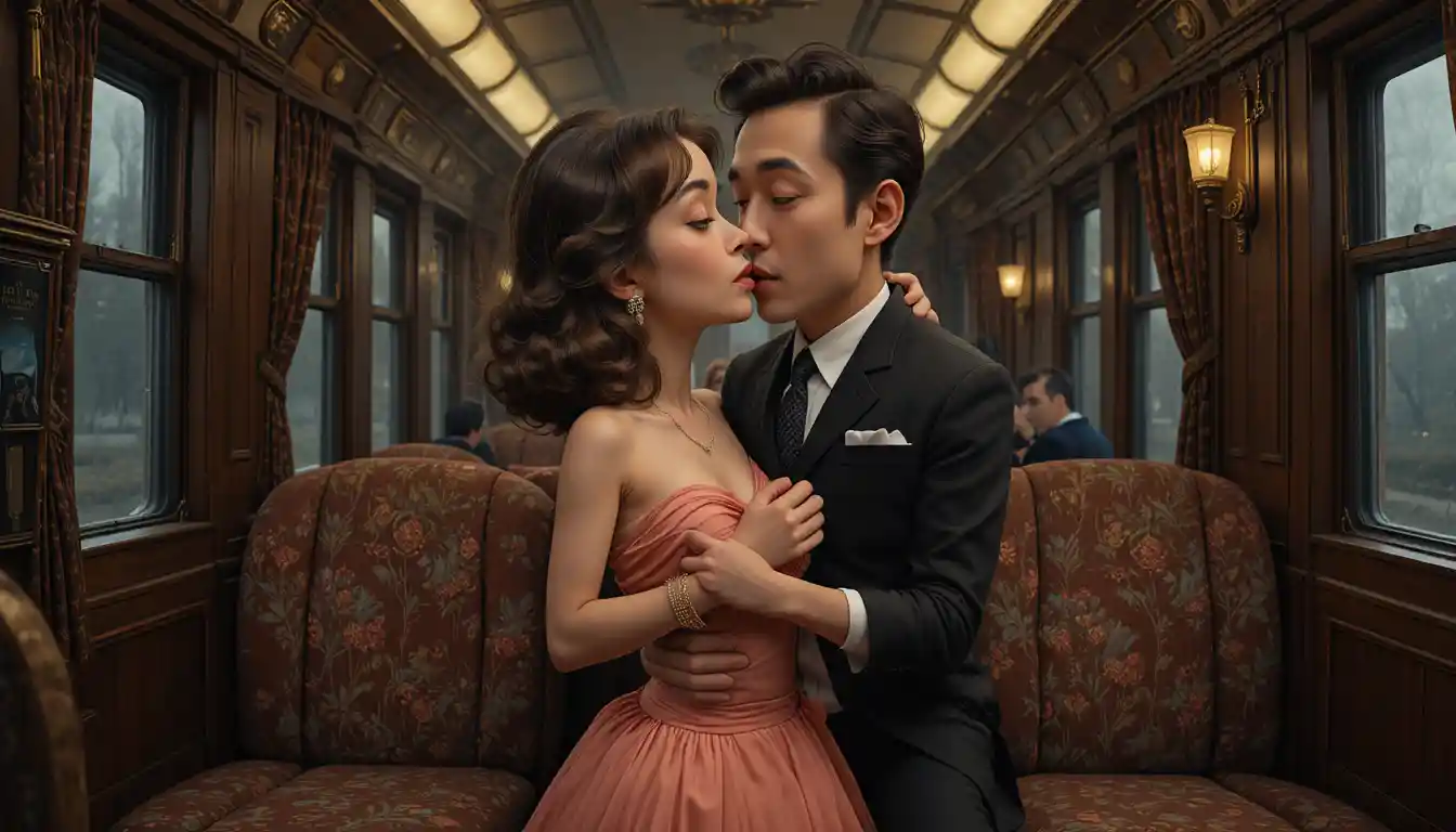 Romantic couple kissing in a dark vintage train compartment