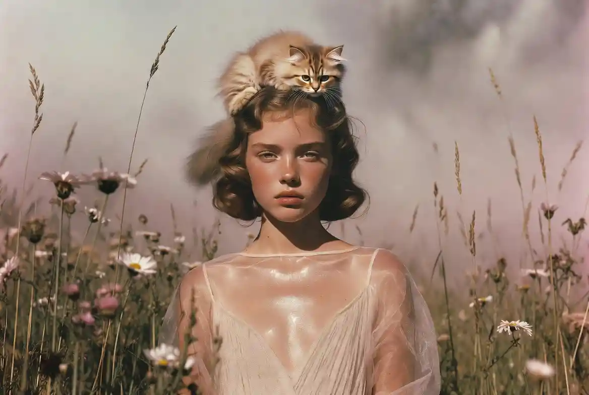 Fashion girl with a cat posing in a flower field