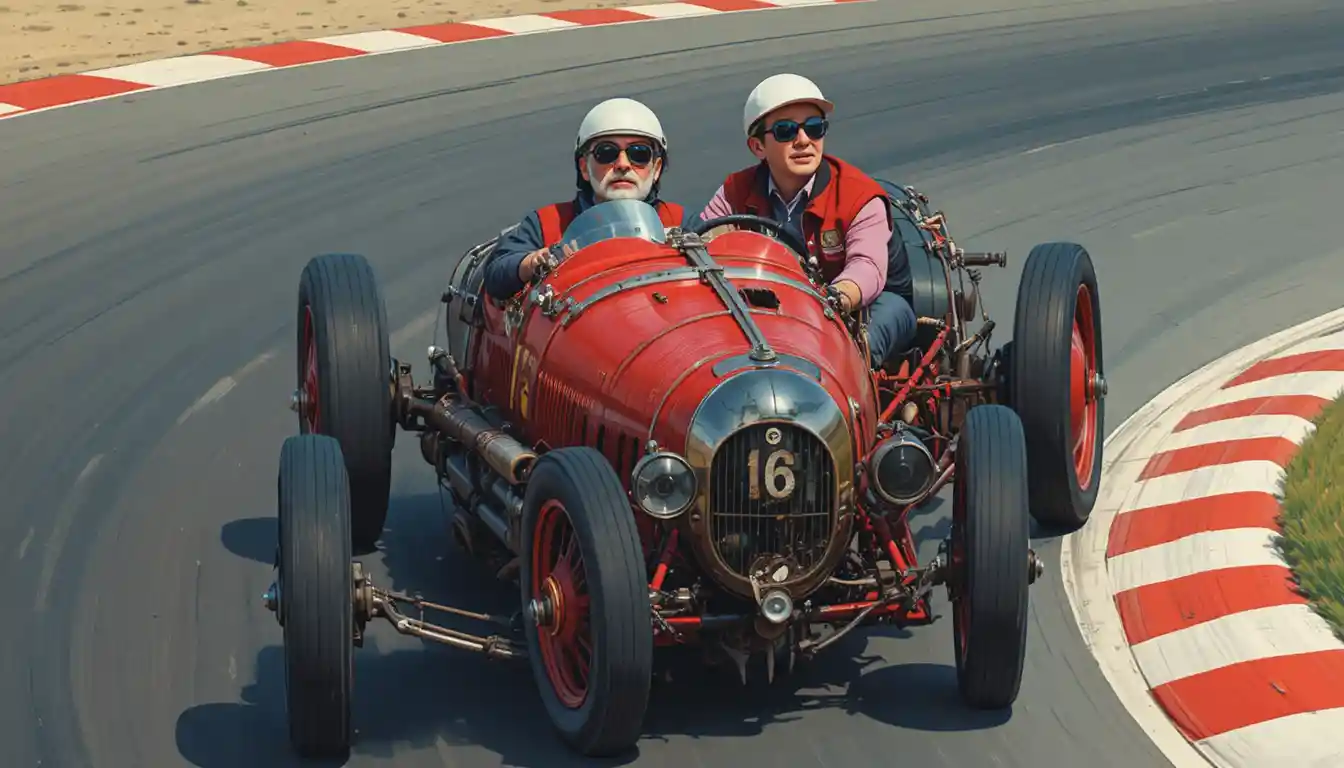 Elderly driver racing vintage red car on asphalt track