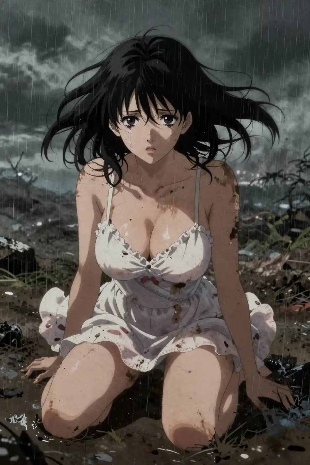 Donna astratta in stile anime con dolce vestito in paesaggio cupo