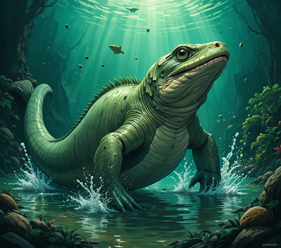 Giant salamander swimming through murky green underwater scene
