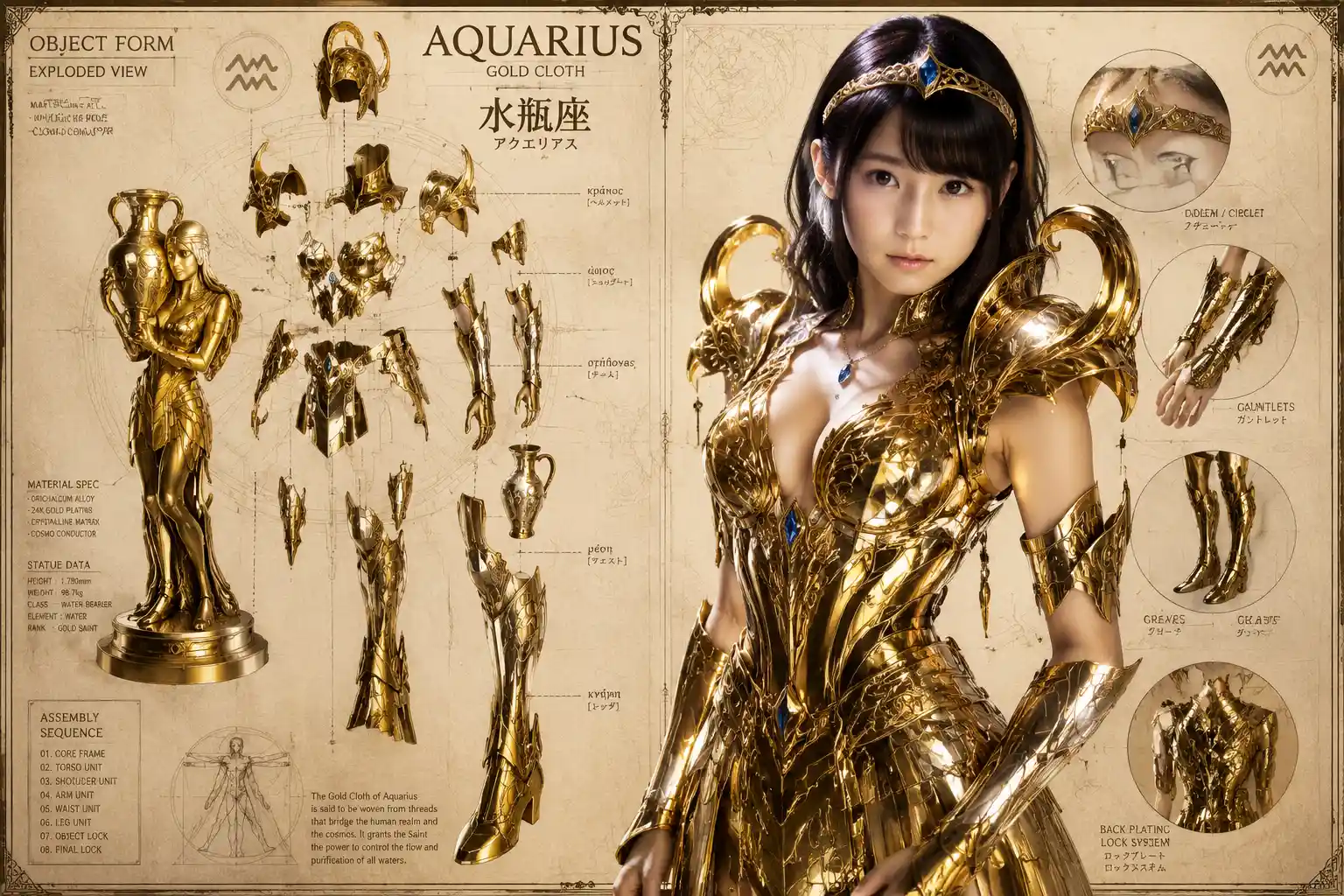 Female aquarius warrior in golden armor technical illustration