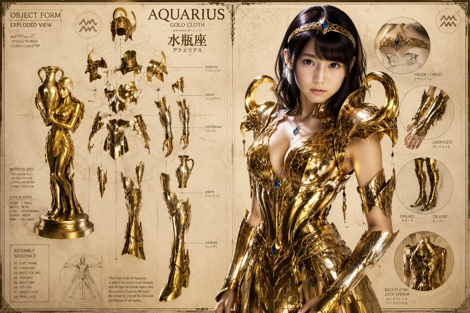 Female aquarius warrior in golden armor technical illustration