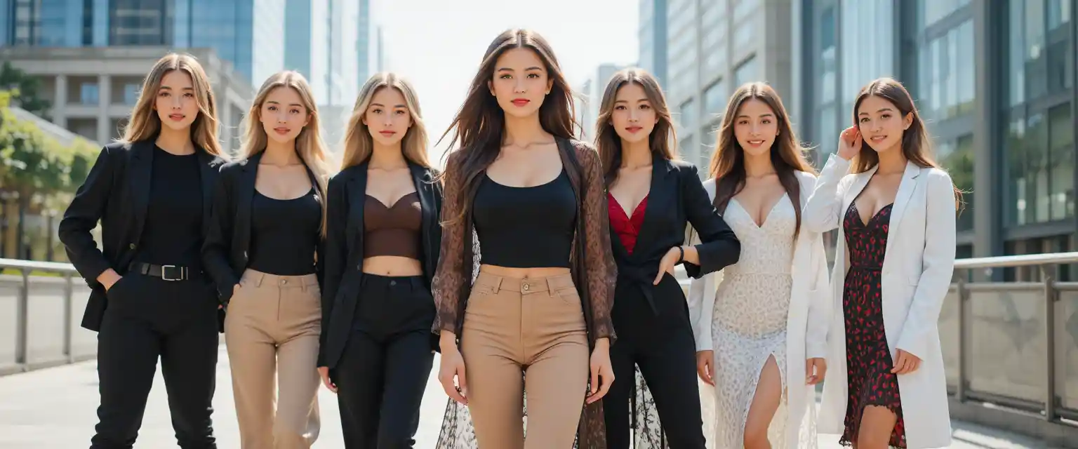 Seven stylish women posing together in an urban street