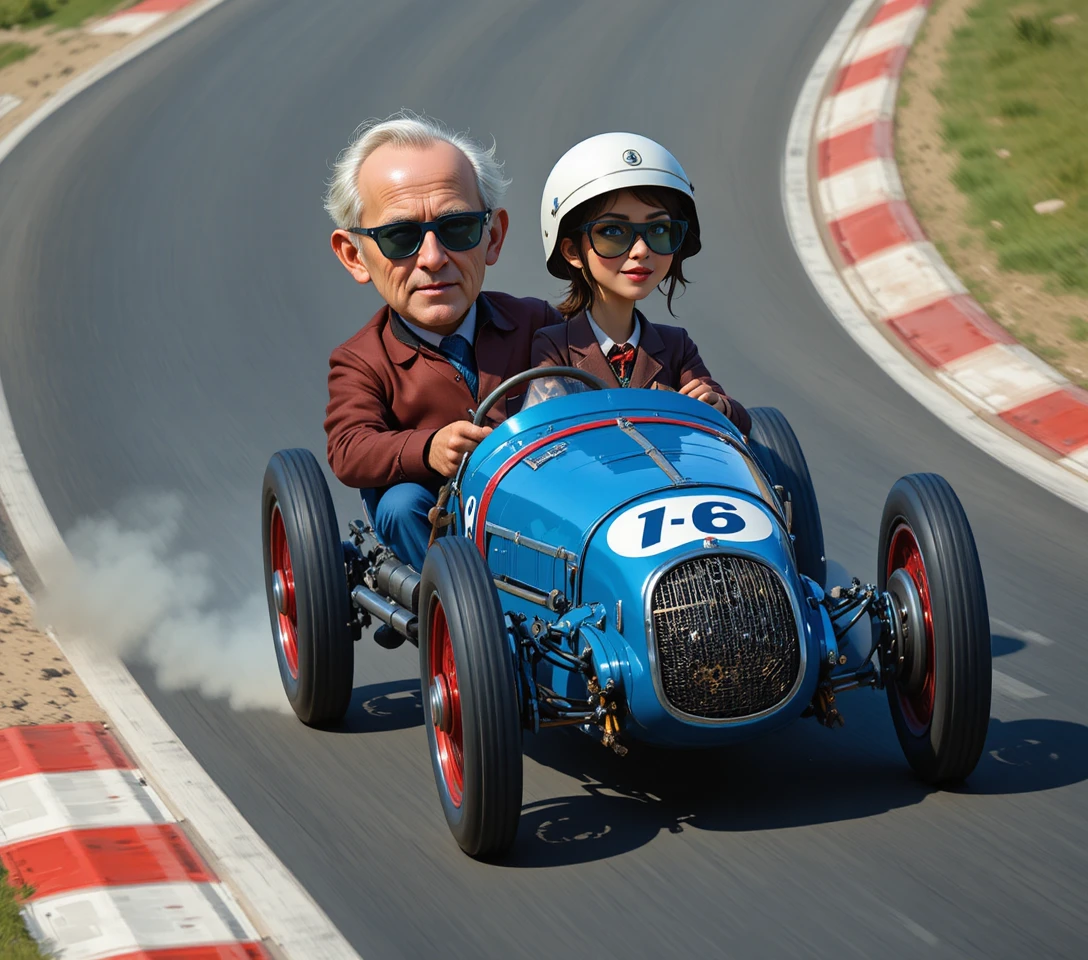 Elderly driver and woman in vintage blue racing car