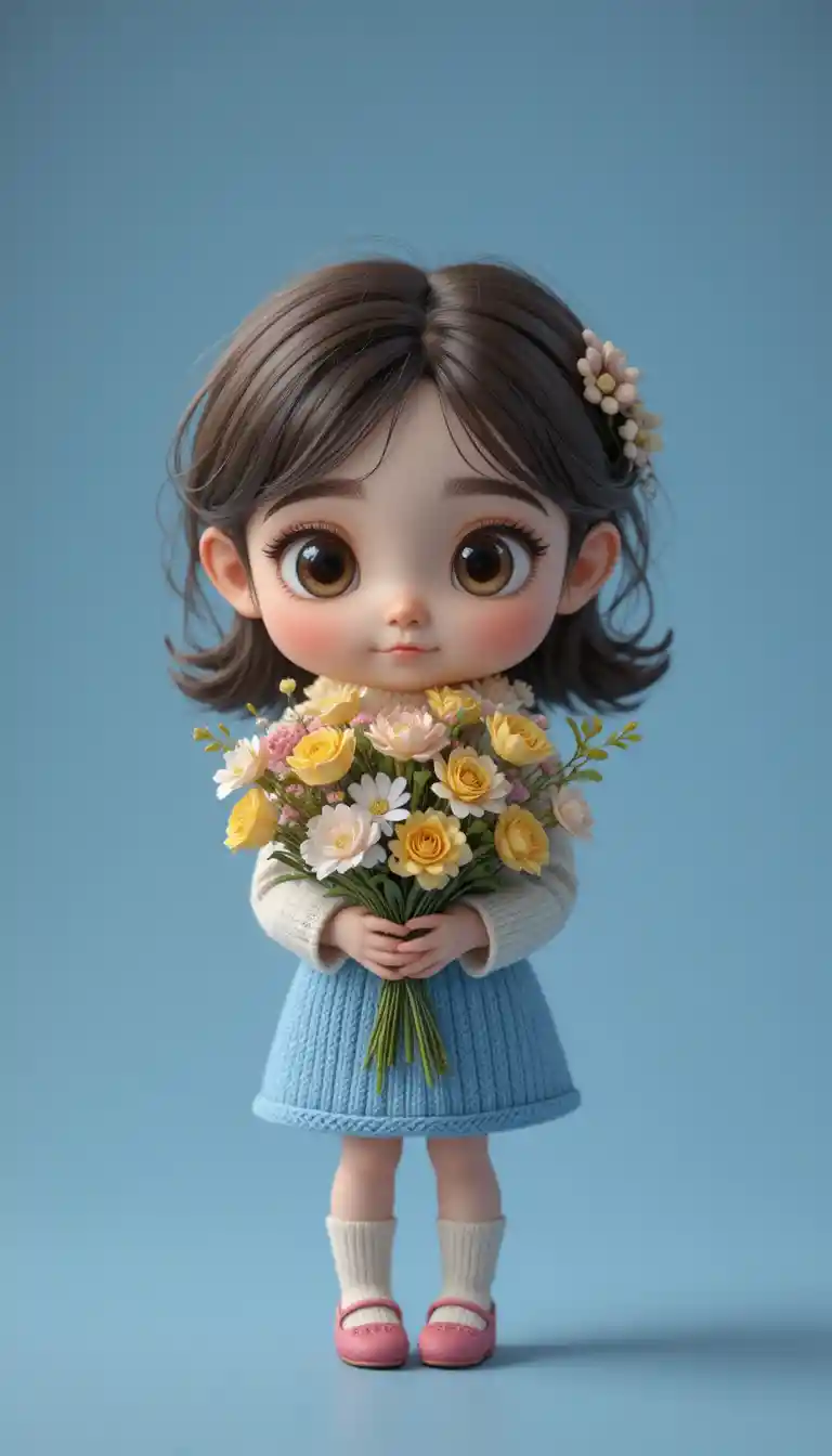 Cute 3D chibi girl hugging a wildflower bouquet