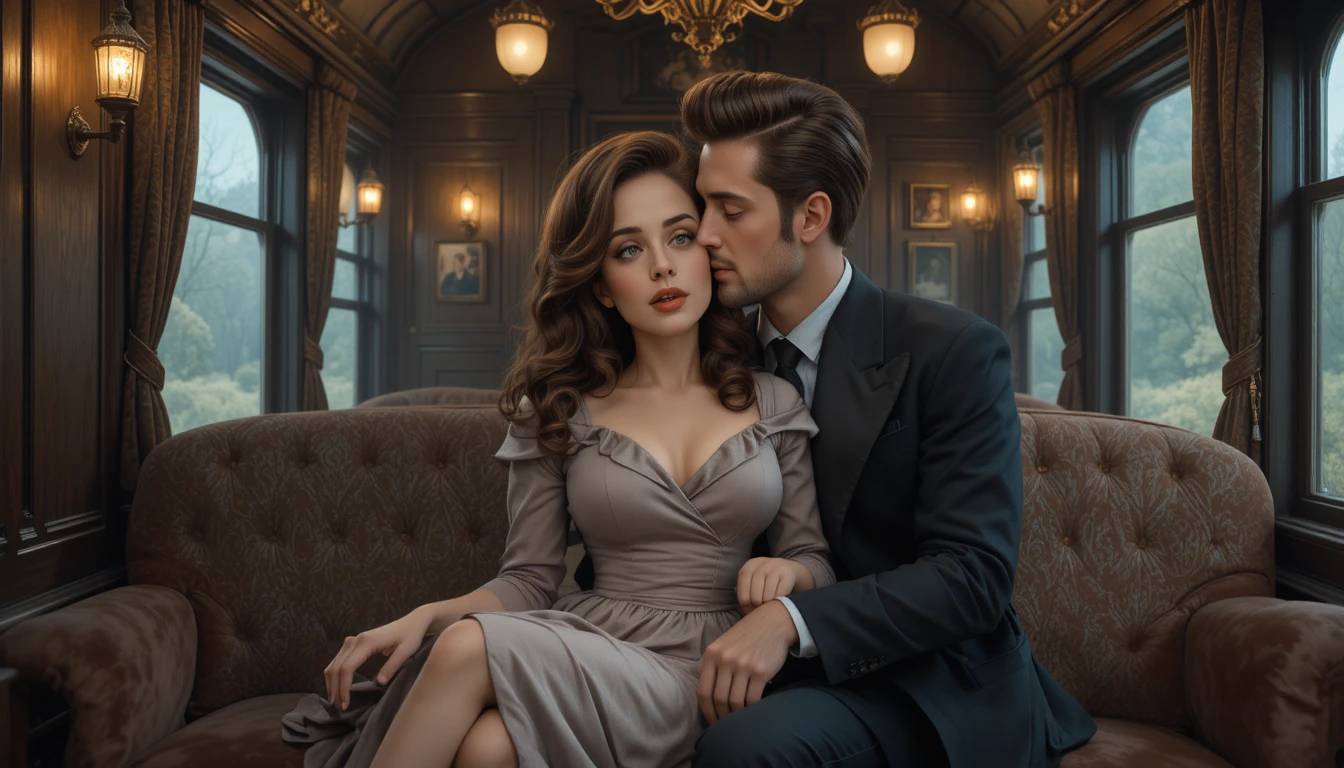 Romantic couple kissing in a vintage train interior