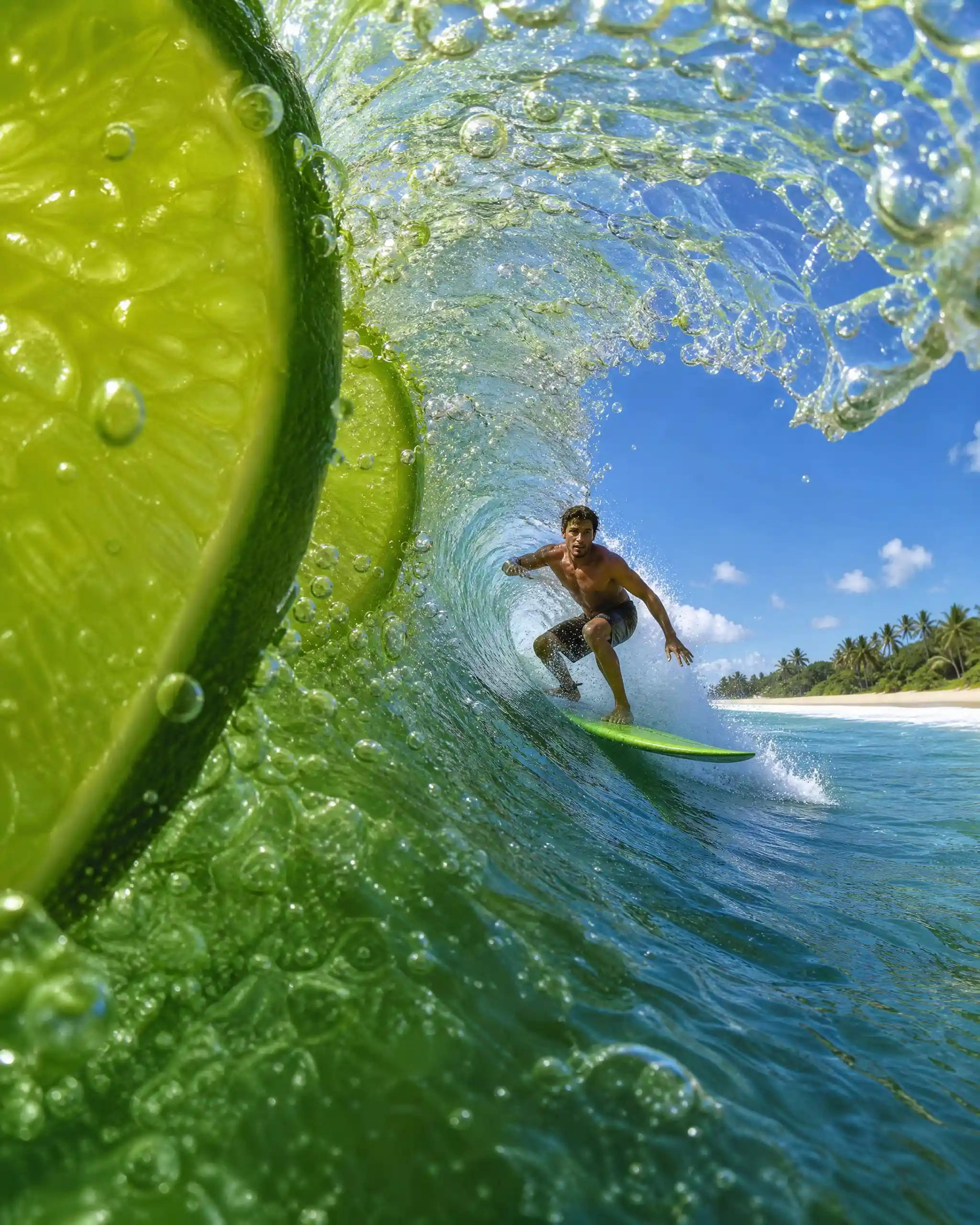 Surfer Riding Bubble Wave Wrapped Around Fresh Lime