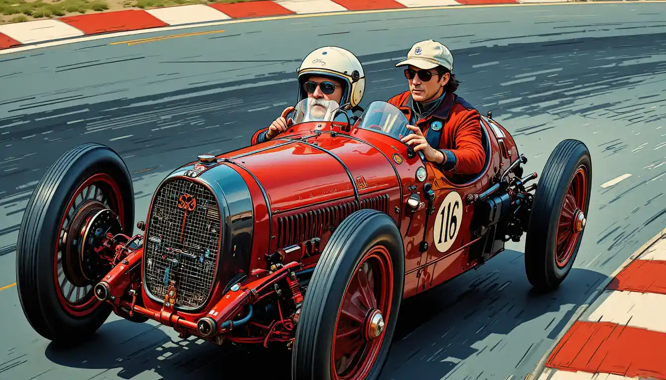 Vintage red race car with two drivers on asphalt track