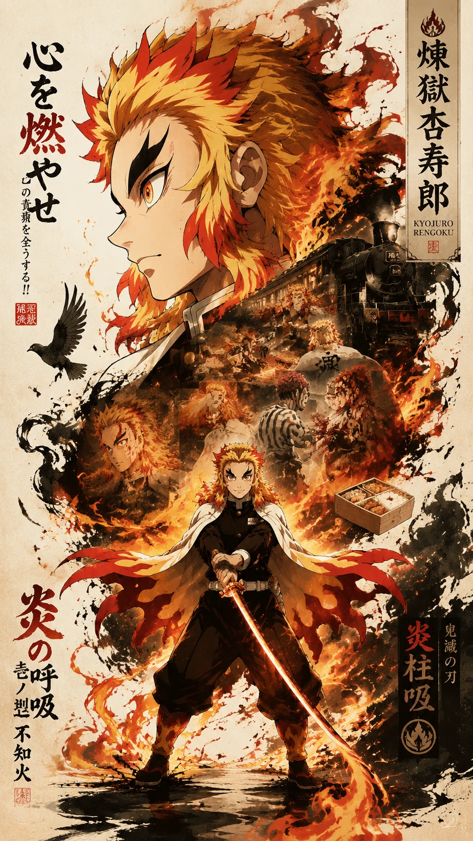 Flame warrior propaganda poster with bold heroic composition