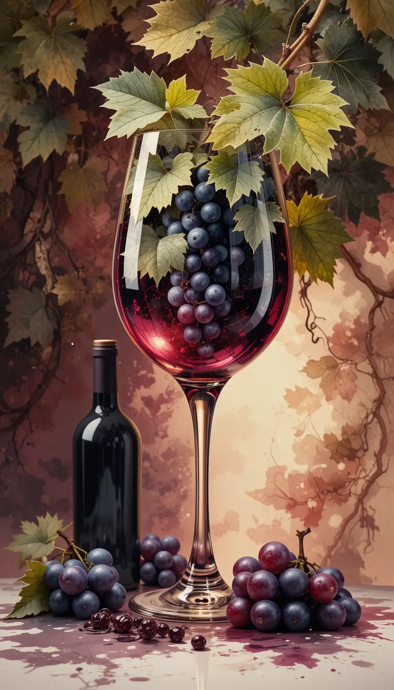 Watercolor wine glass growing from lush grapevine illustration