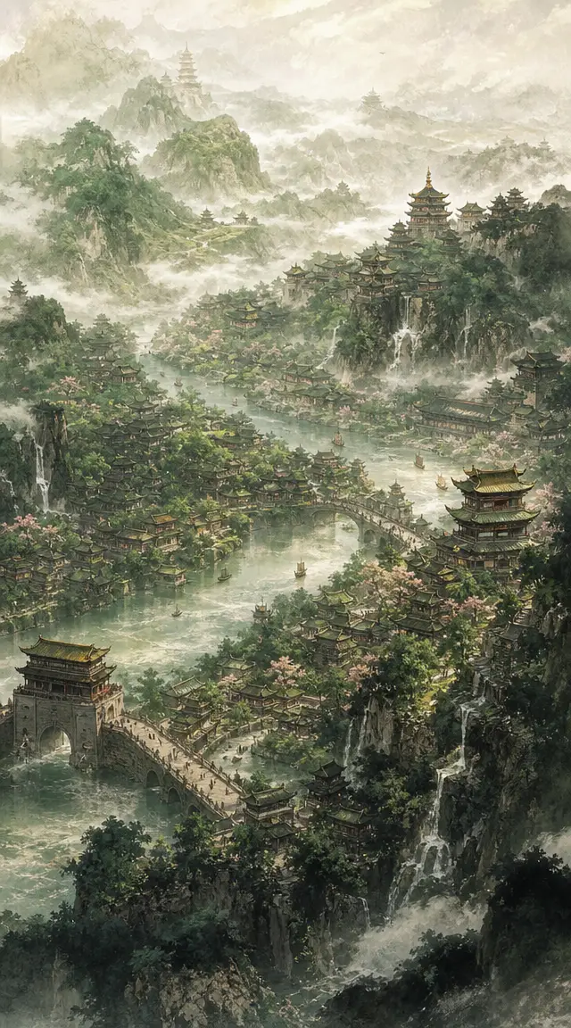 Verdant mountain cityscape in traditional ink brush painting