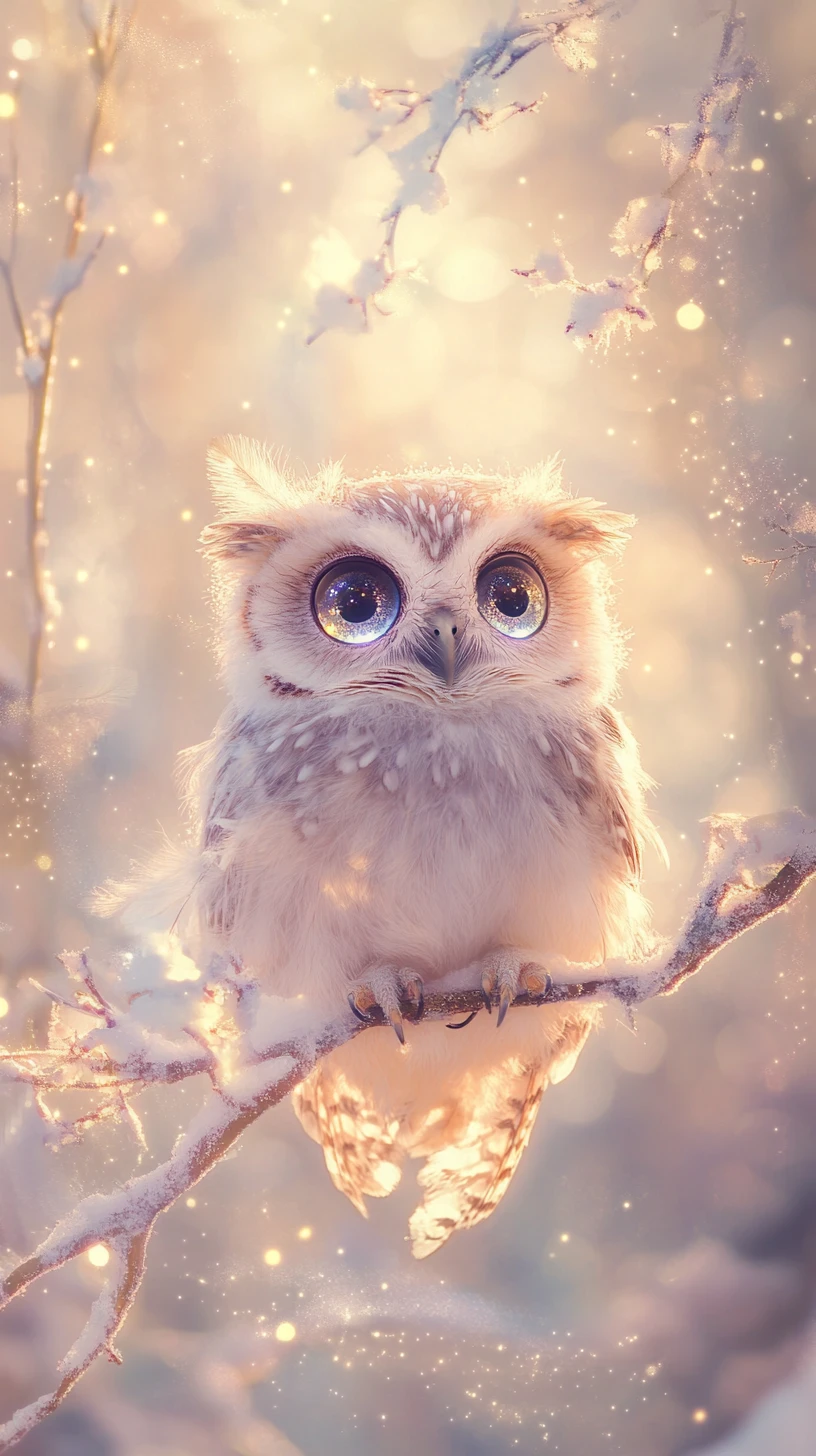 Pequeño búho de ojos luminosos descansando en un bosque de ensueño