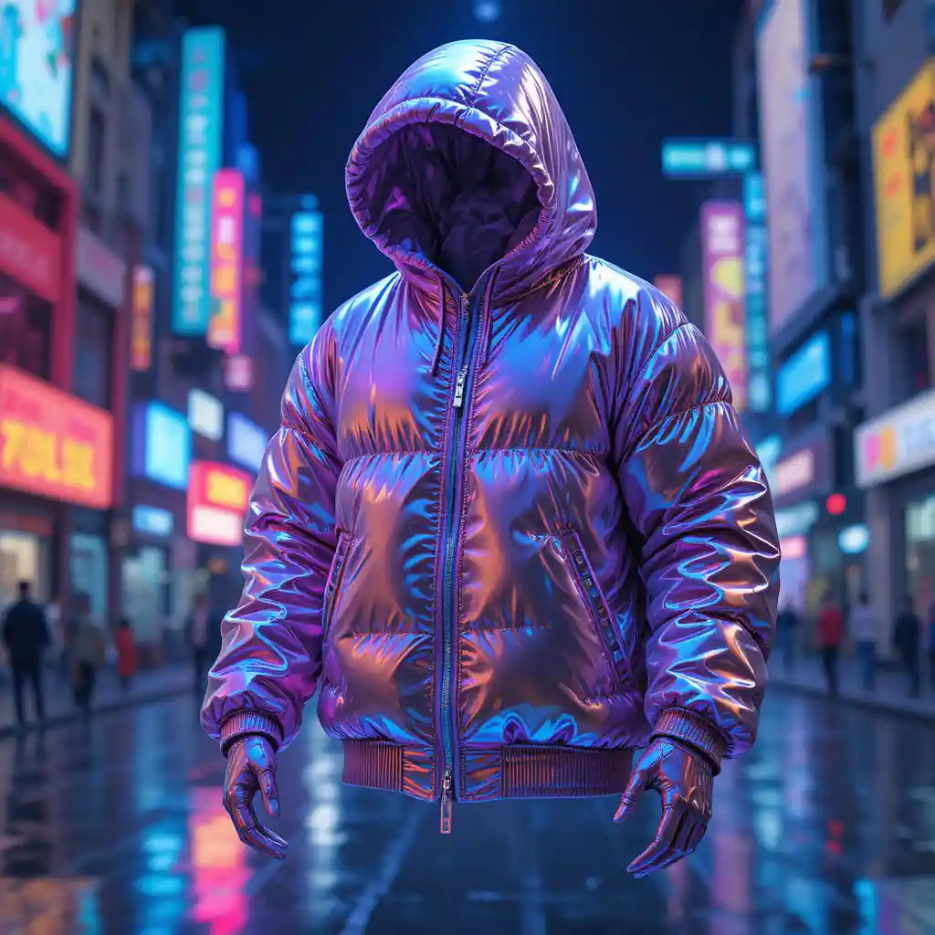 Floating liquid chrome streetwear outfit with neon reflections