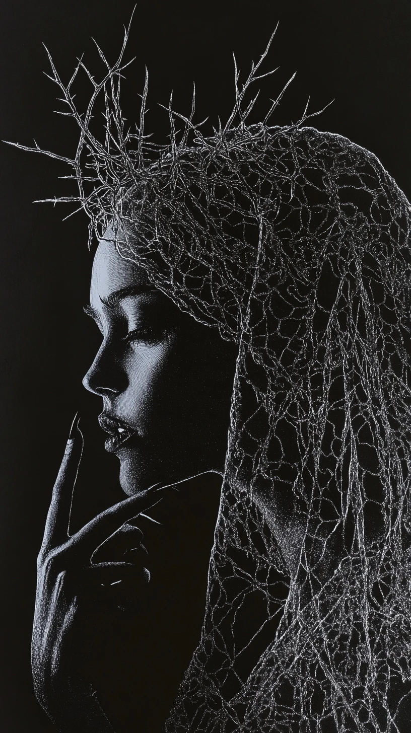 Vampire queen in profile with lace veil and thorns