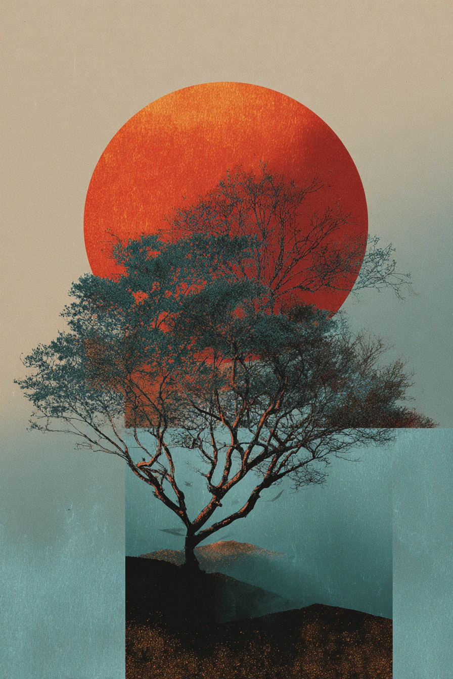 Surreal minimalist collage in a moody dreamlike abstract space