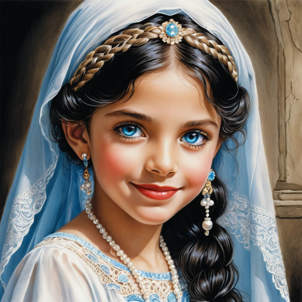 Smiling blue eyed girl in white lace veil portrait