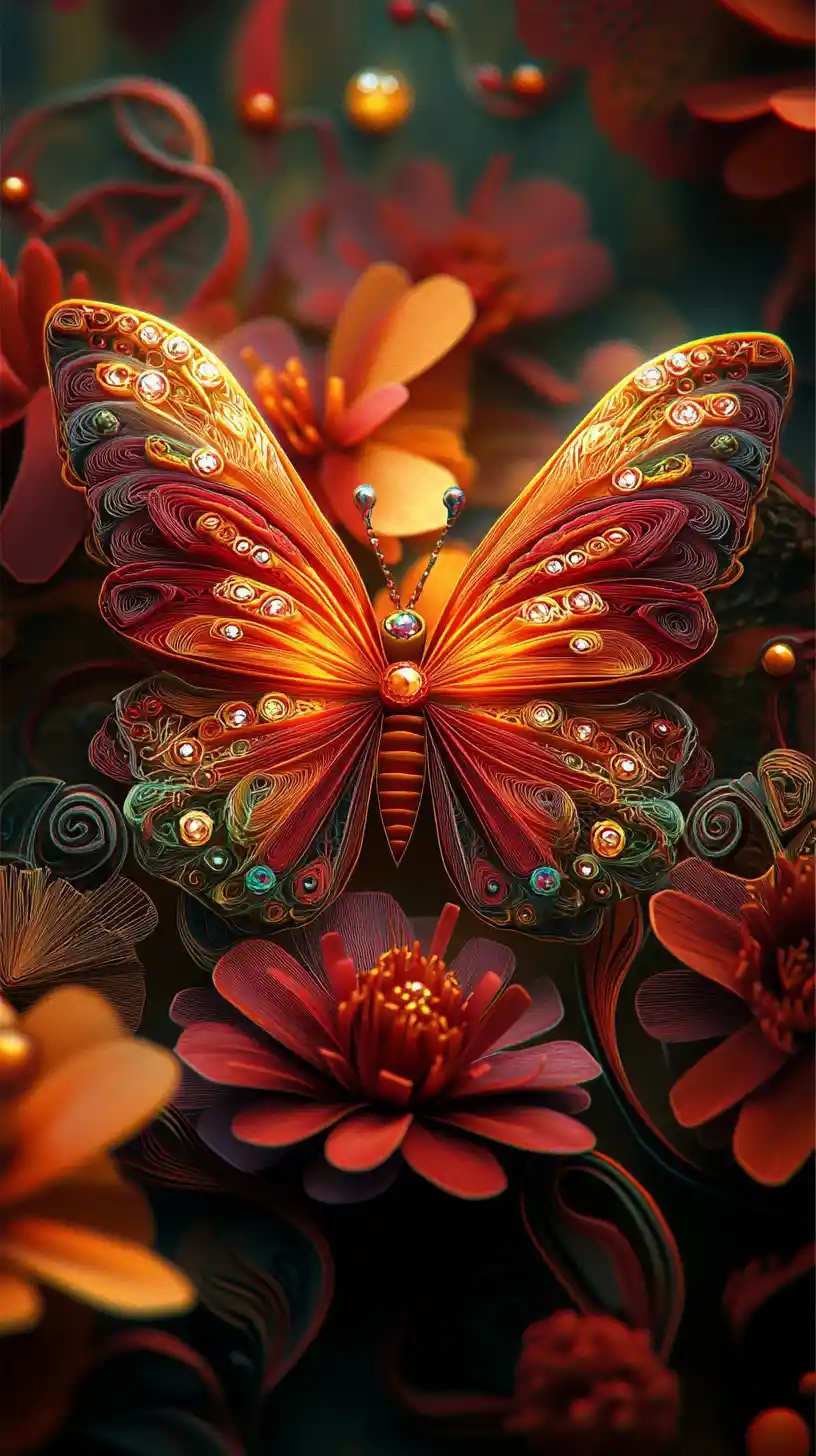 Fantasy butterfly with layered wings in glowing floral garden