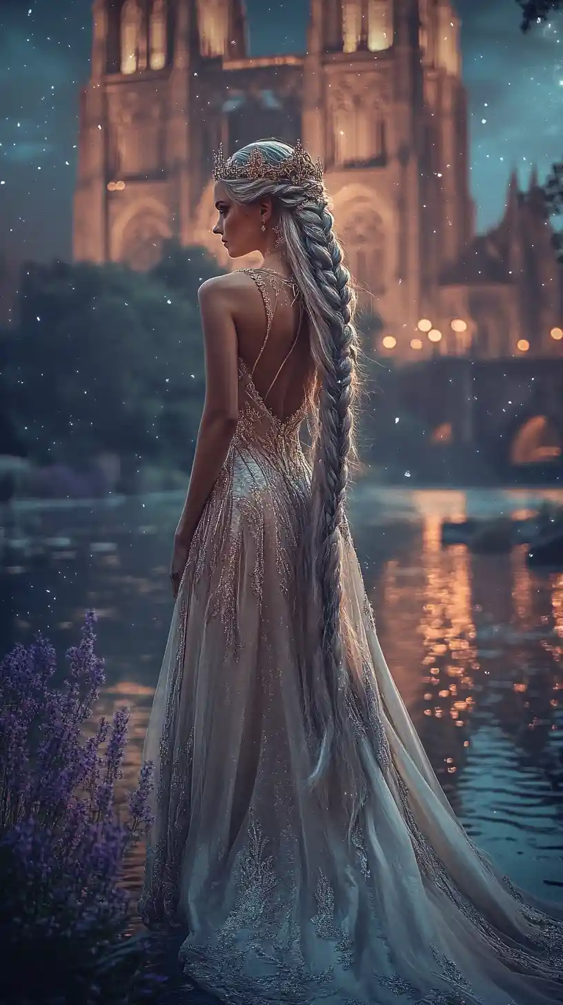 Elven queen beside a moonlit river and gothic cathedral
