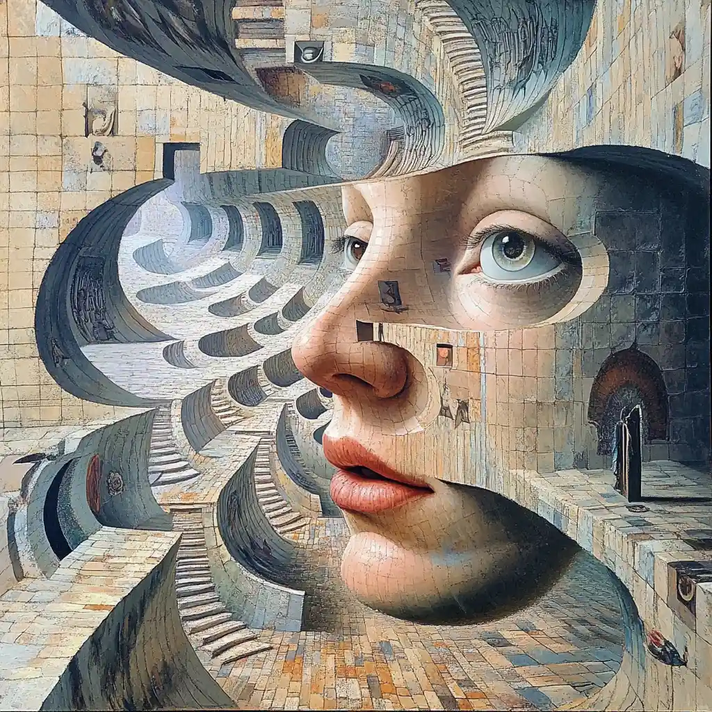 Surreal illusion scene with multiple overlapping visual images