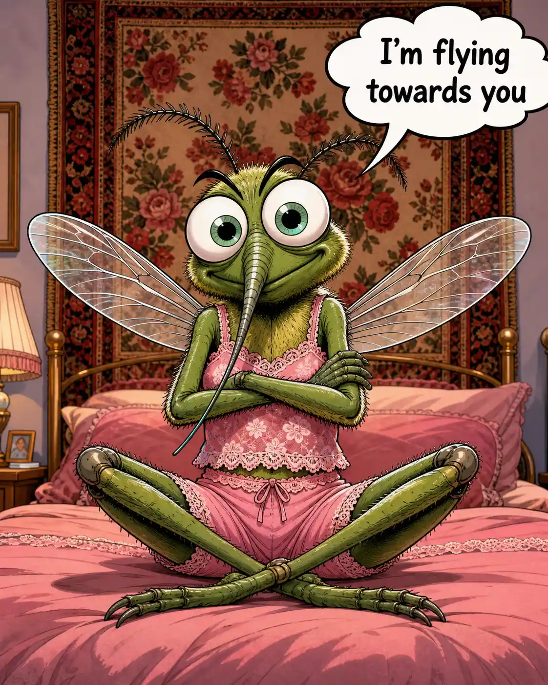 Funny green mosquito meditating on a bed in pink dress