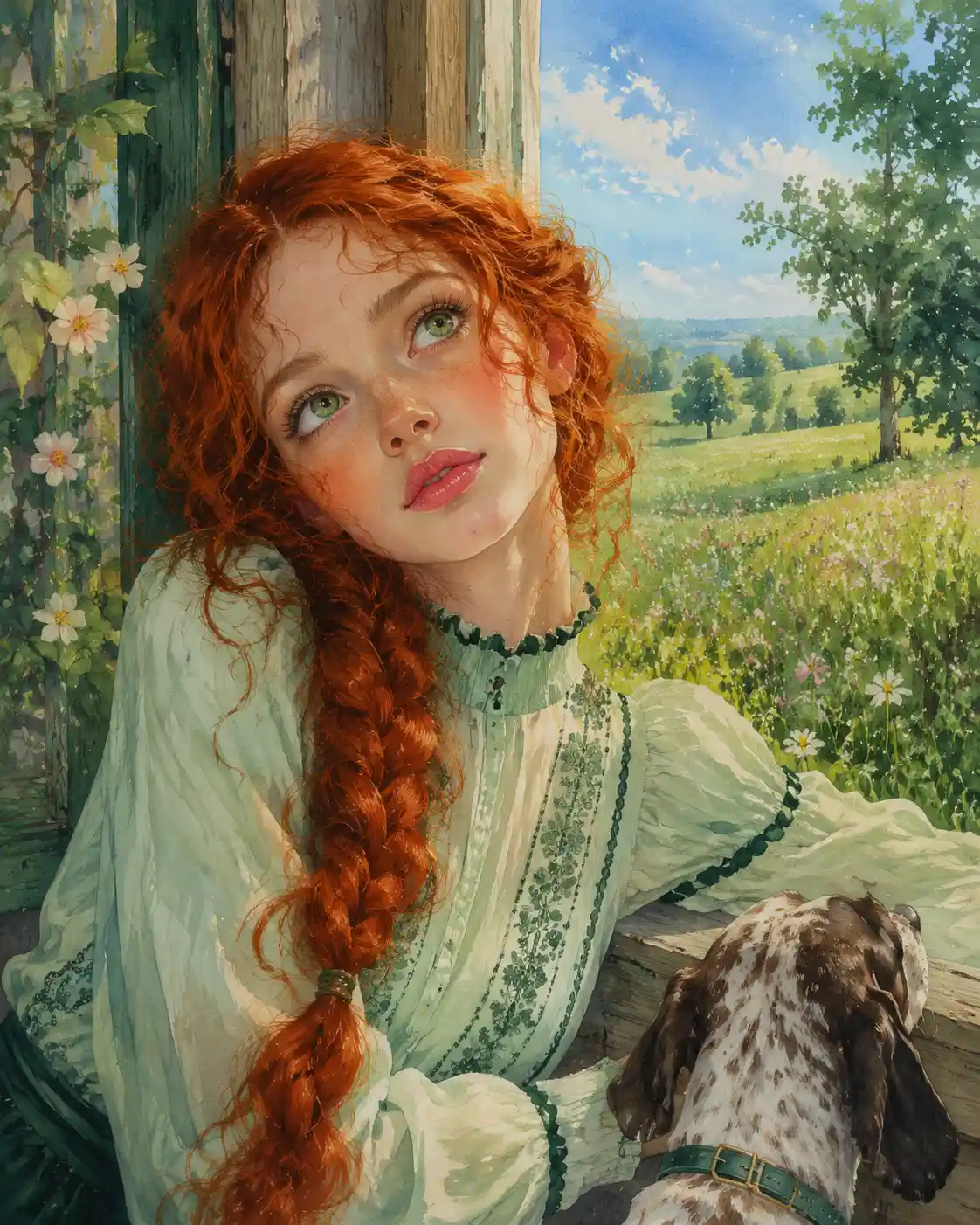 Red haired girl at a window with dreamy countryside view