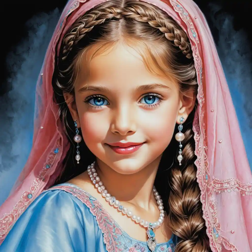 Smiling blue eyed girl in pink burqa colored pencil drawing