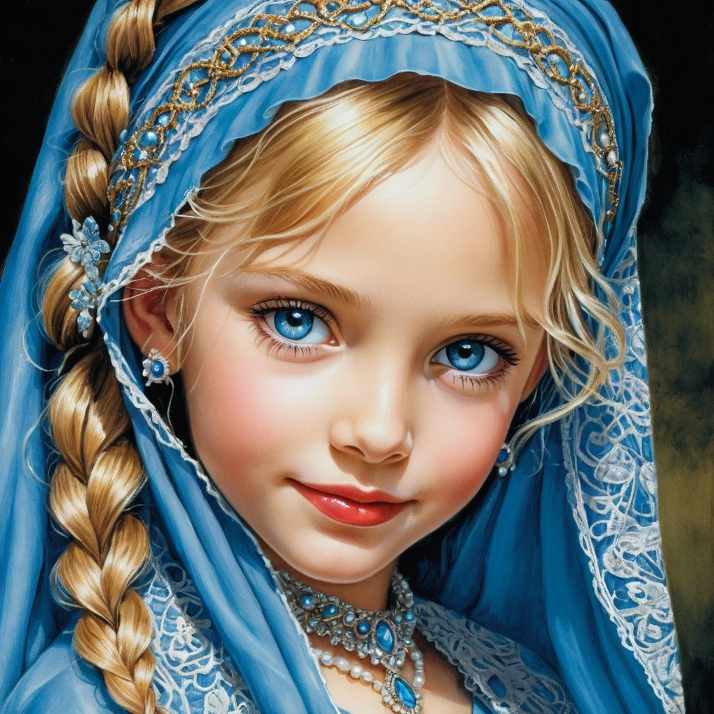 Retrato a lápices de colores de una chica rubia sonriente con burka azul