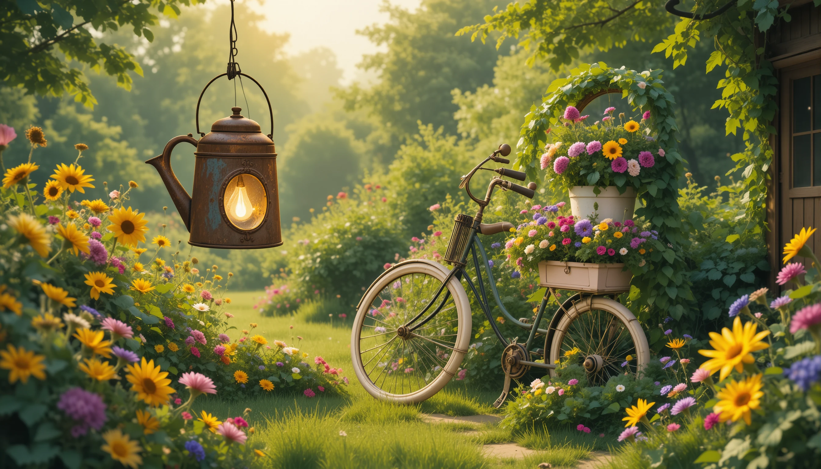 Whimsical upcycled garden decor in a sunny summer yard