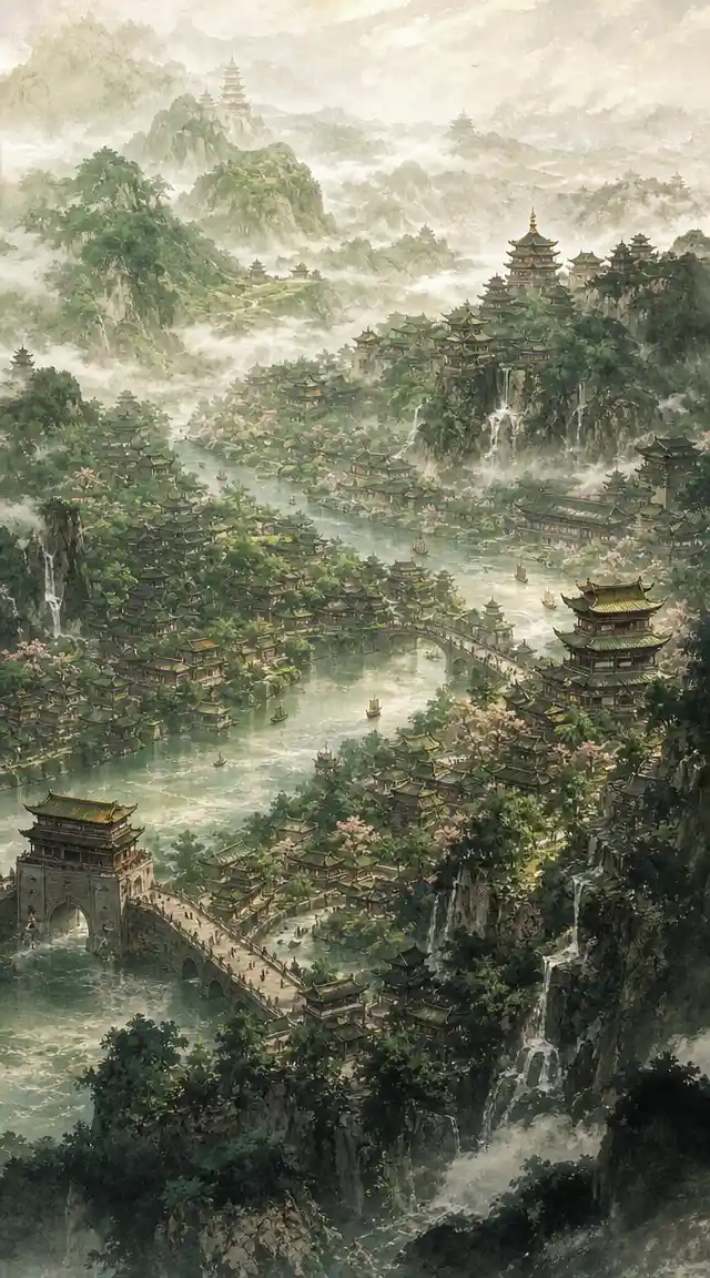 Verdant mountain cityscape in traditional ink brush painting