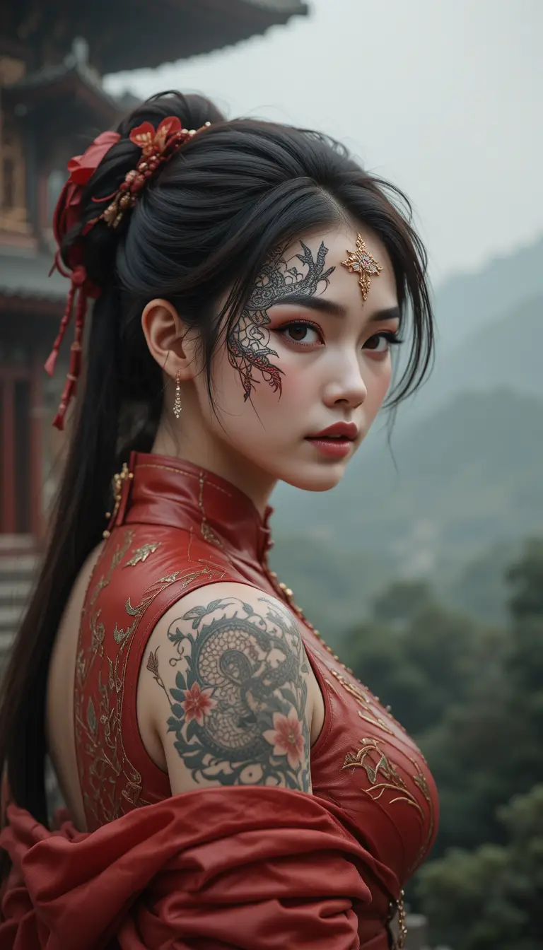 Donna asiatica in pelle rossa con tatuaggio di drago in un tempio avvolto dalla nebbia