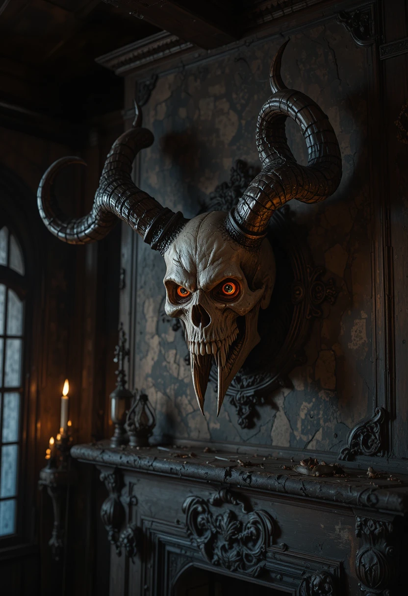 Demonic skull mount glowing above a dark fireplace