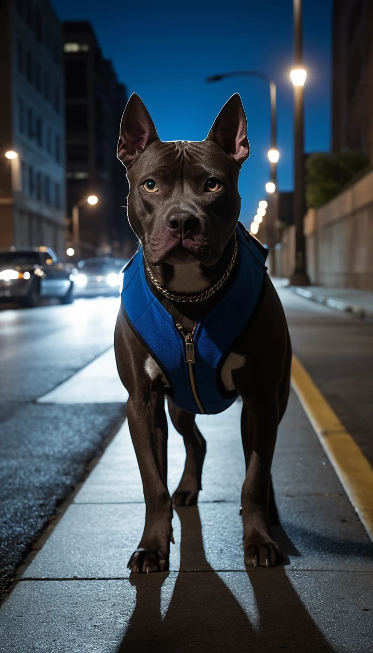 Muscular pit bull in combat vest on dark city street