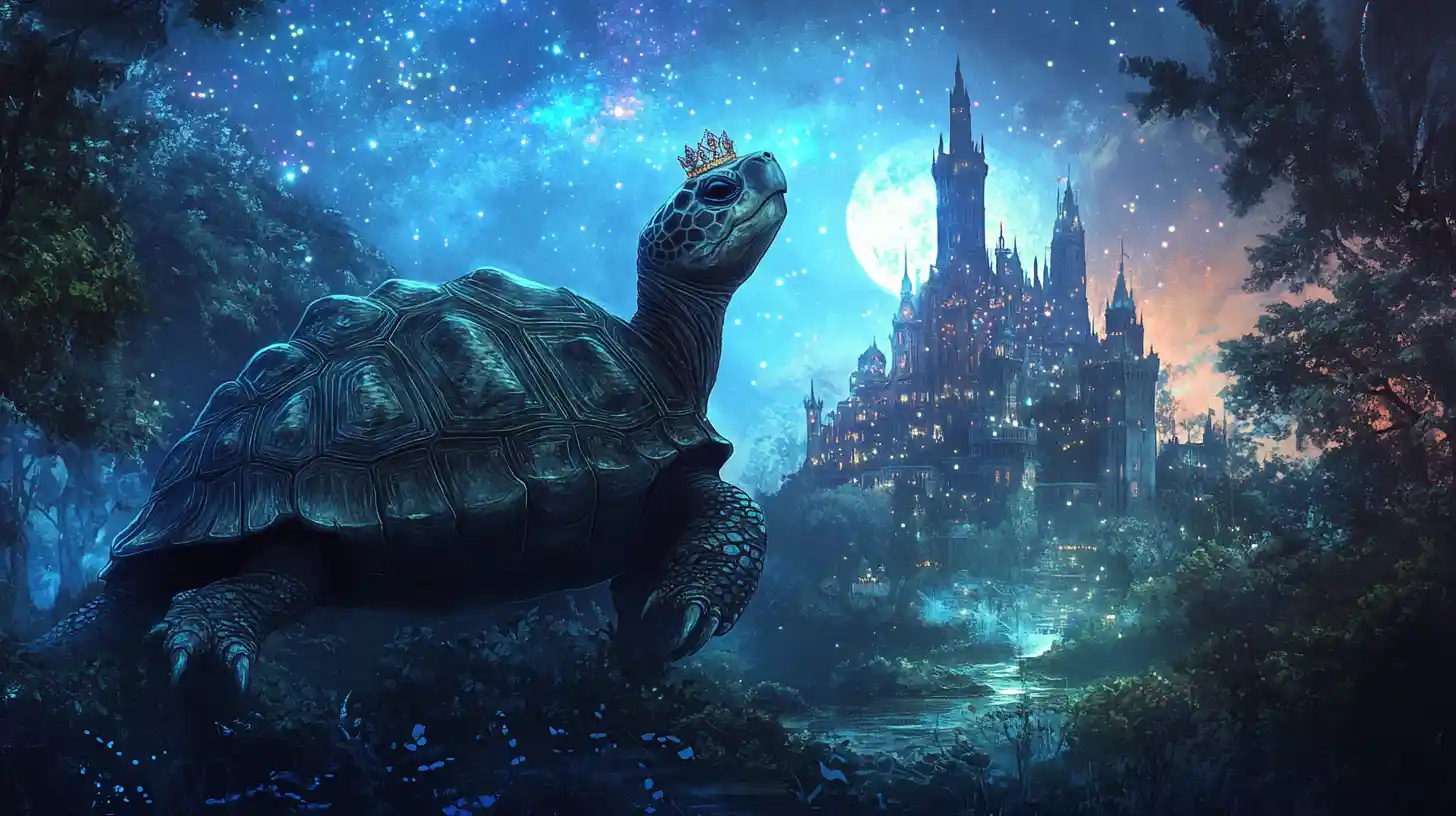 Majestic turtle princess walking through a mystical forest glade