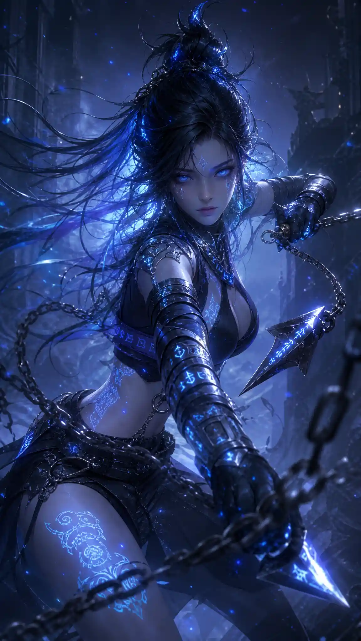 Ethereal warrior woman with chained kunai in battle stance