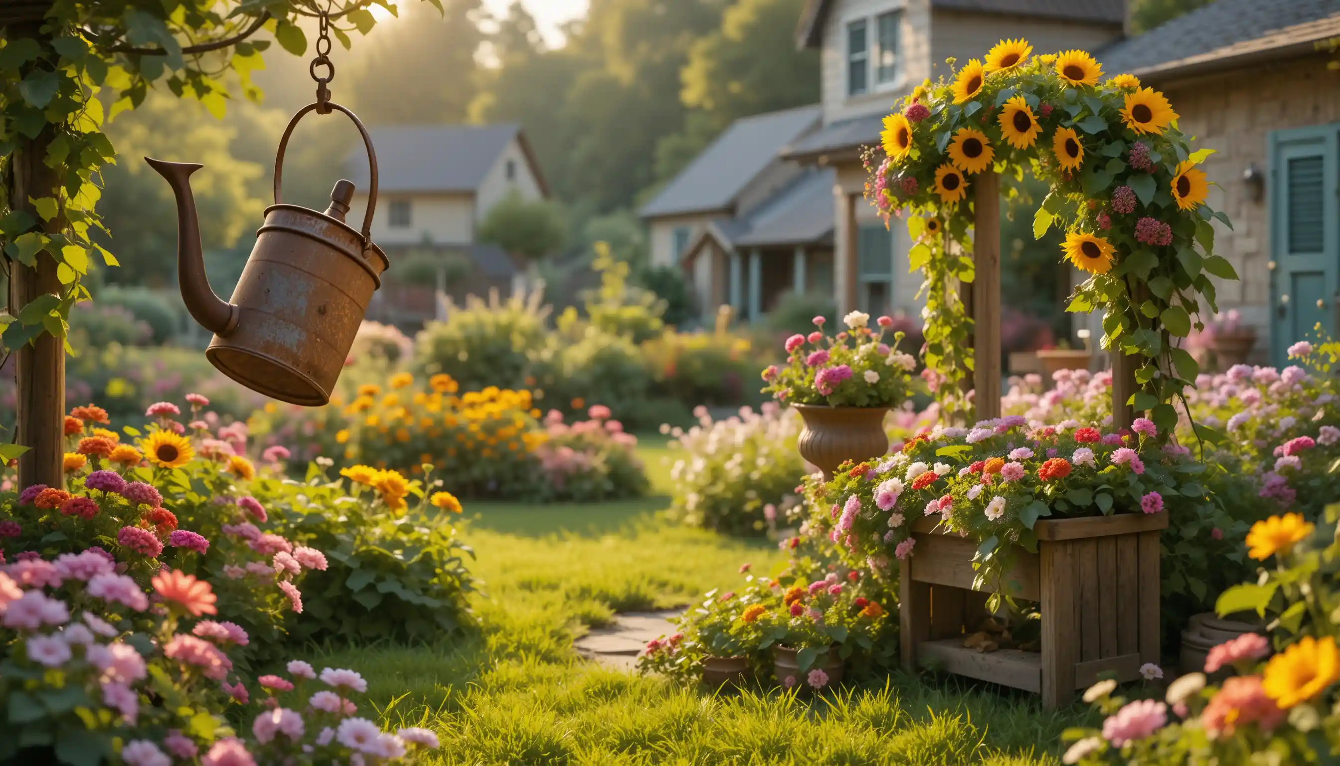 Upcycled garden decor glowing in a cozy summer yard