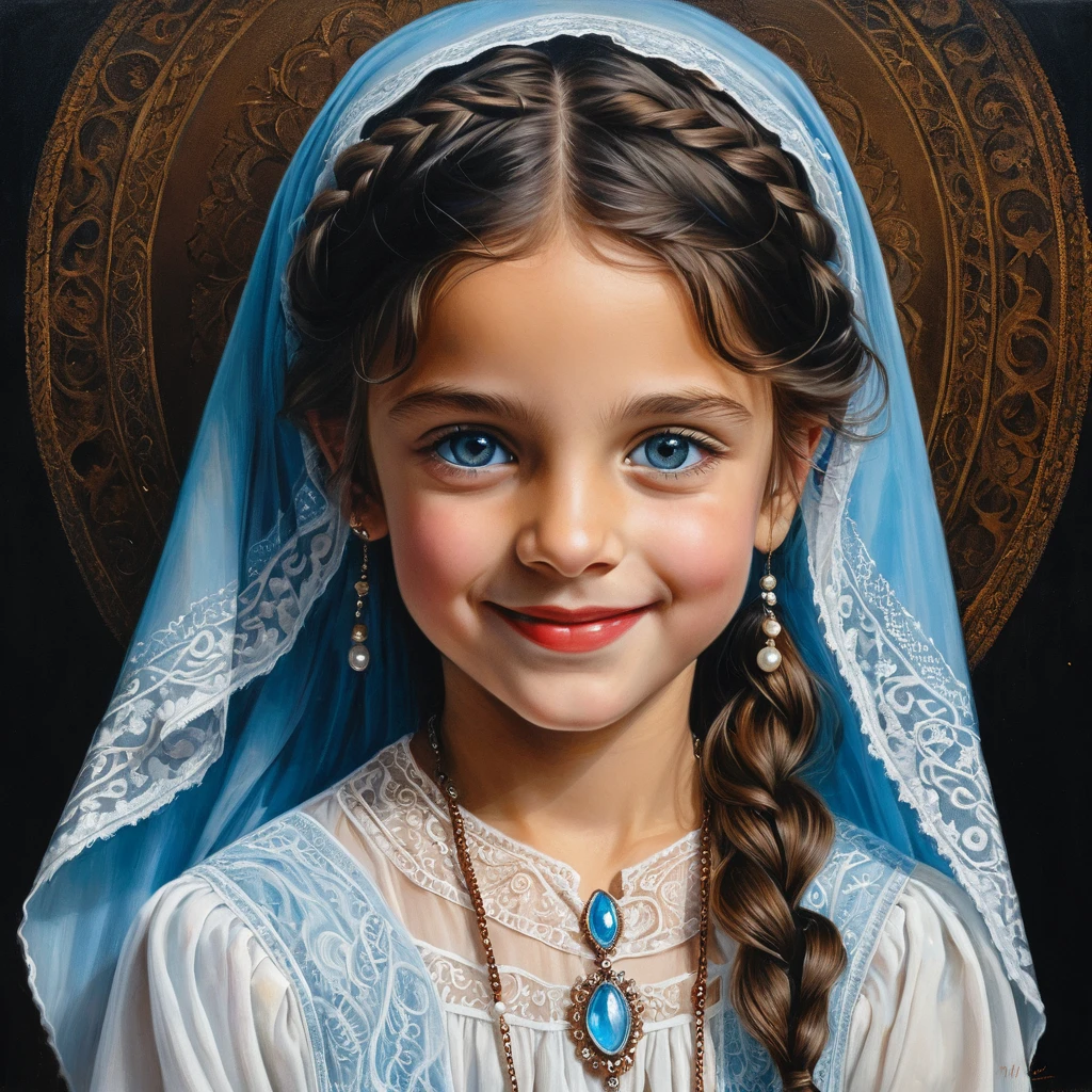 Smiling girl in white burqa with blue eyes and braid