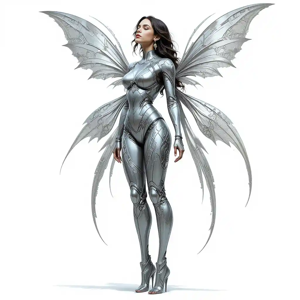 Metallic winged fairy woman in ethereal white space