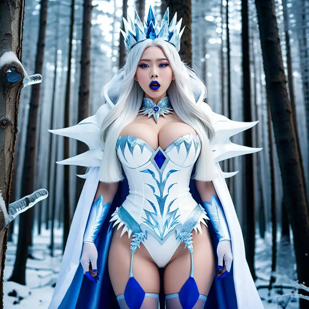 Ice queen girl standing in a frozen forest with icy crown