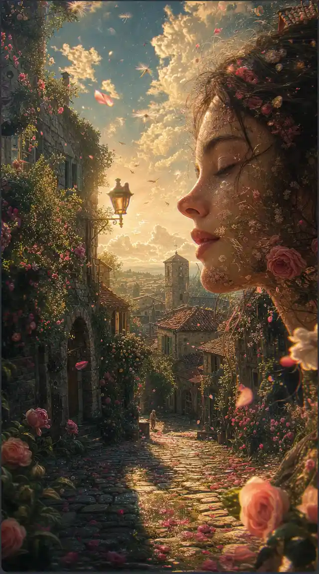 Surreal village transforming in springtime with golden hour light