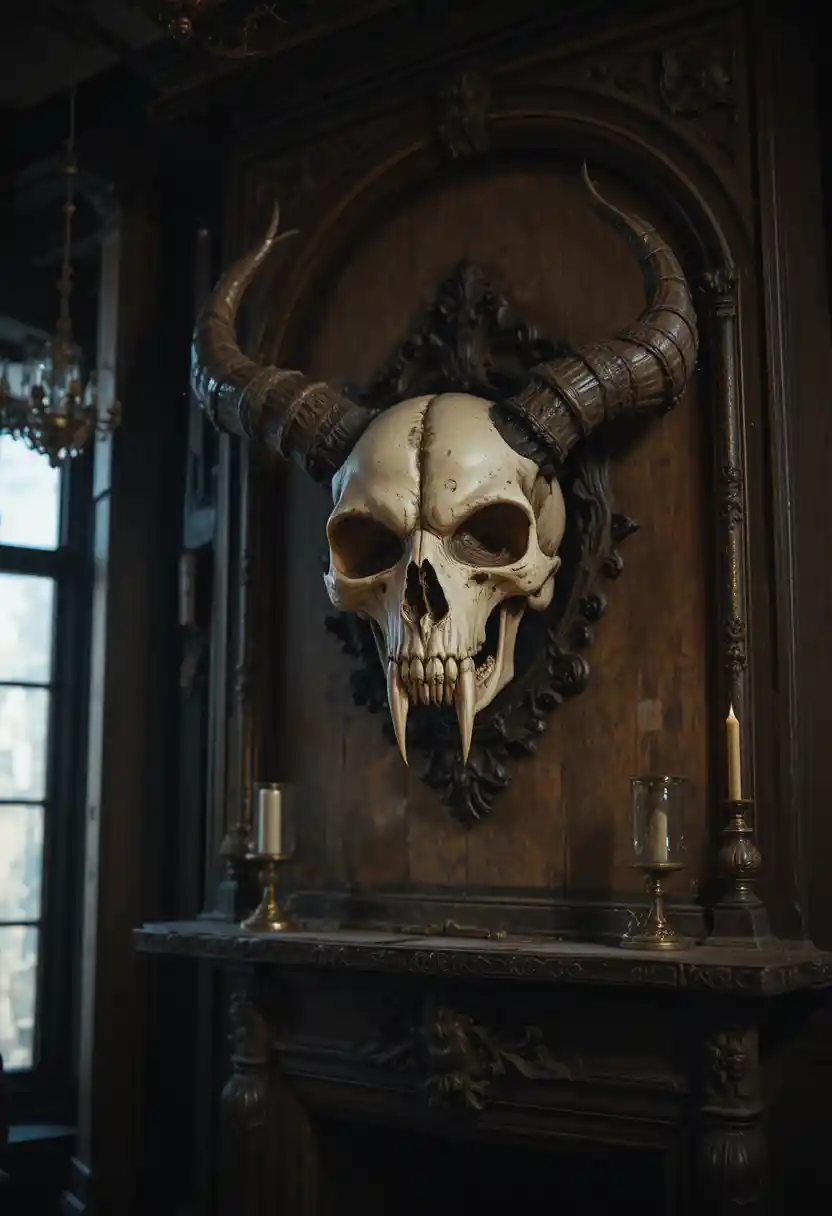 Demonic skull mount glowing above a dark fireplace lit wall