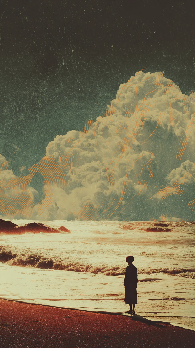 Anxious man in surreal vintage collage of life and hope