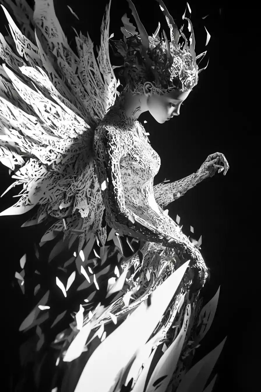 Cubist fairy disintegrating into windblown dust and fragments
