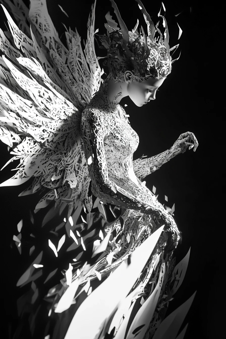 Cubist fairy disintegrating into windblown dust and fragments