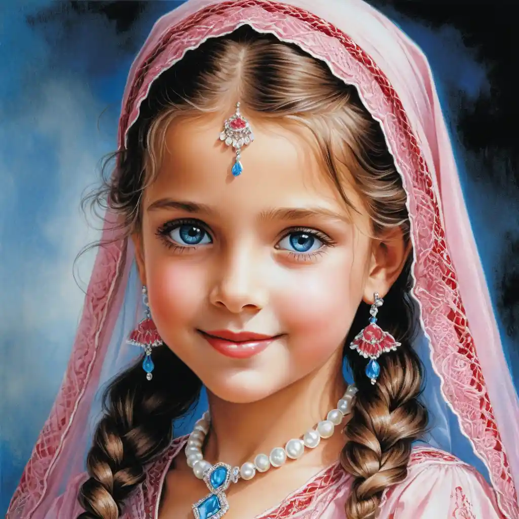 Smiling blue eyed girl in pink burqa colored pencil portrait