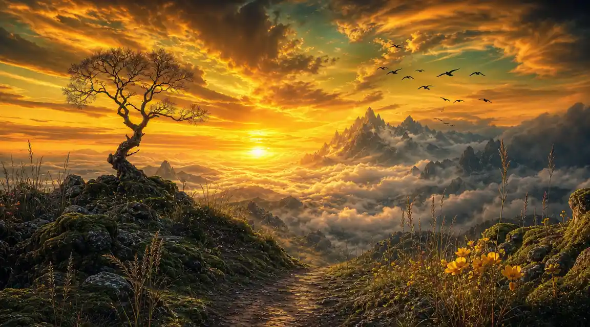Surreal sunset path through a misty mountain valley