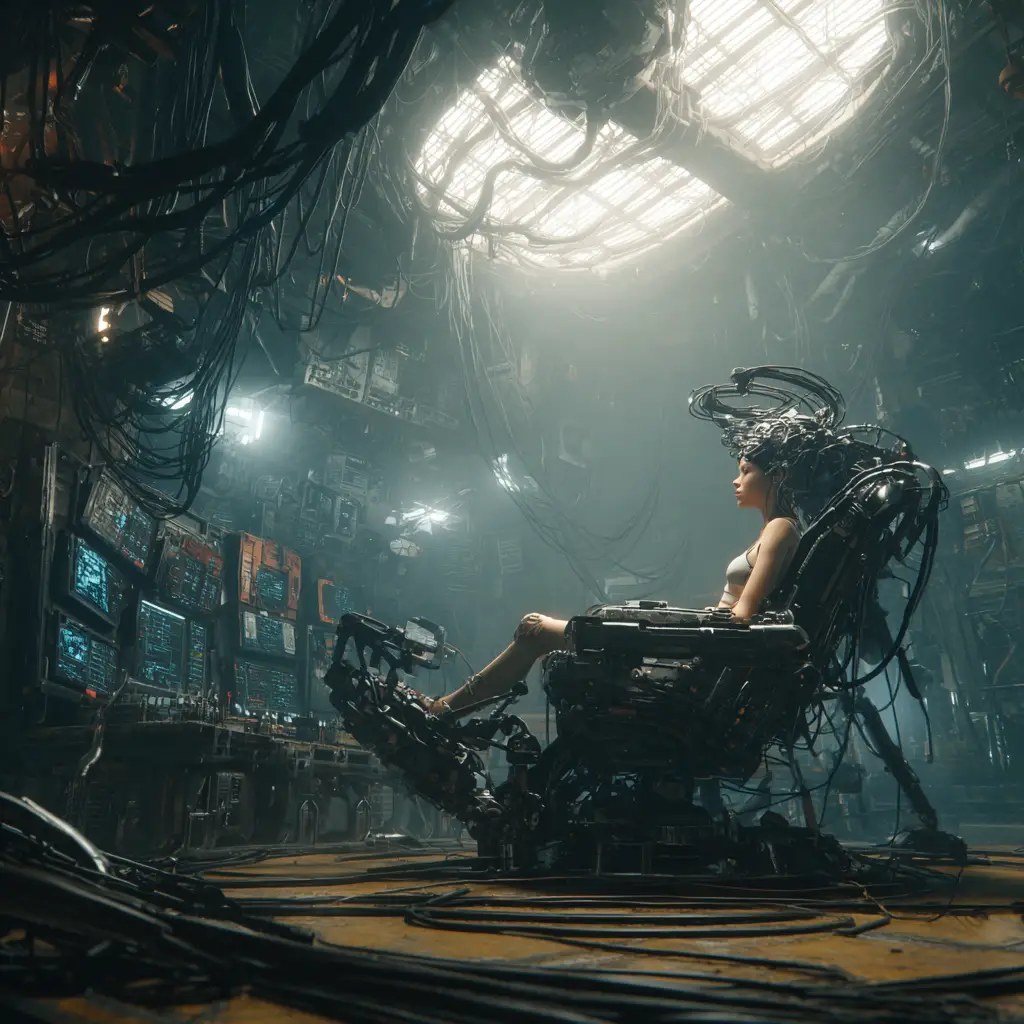 Cyberpunk woman in neural interface chair in lab interior