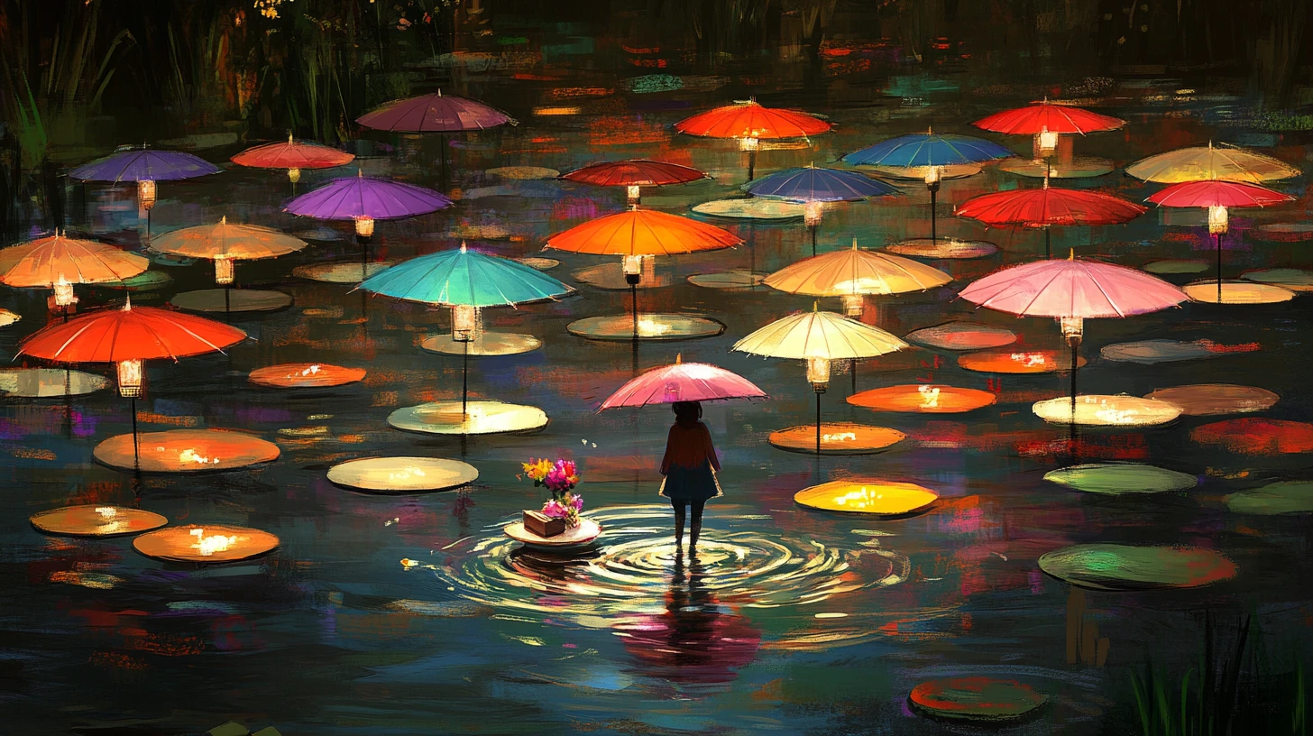Person crossing colorful umbrellas floating on a quiet river