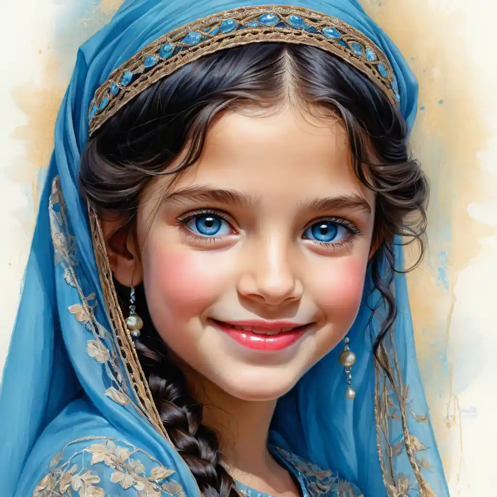 Smiling girl with blue veil and flowing black hair