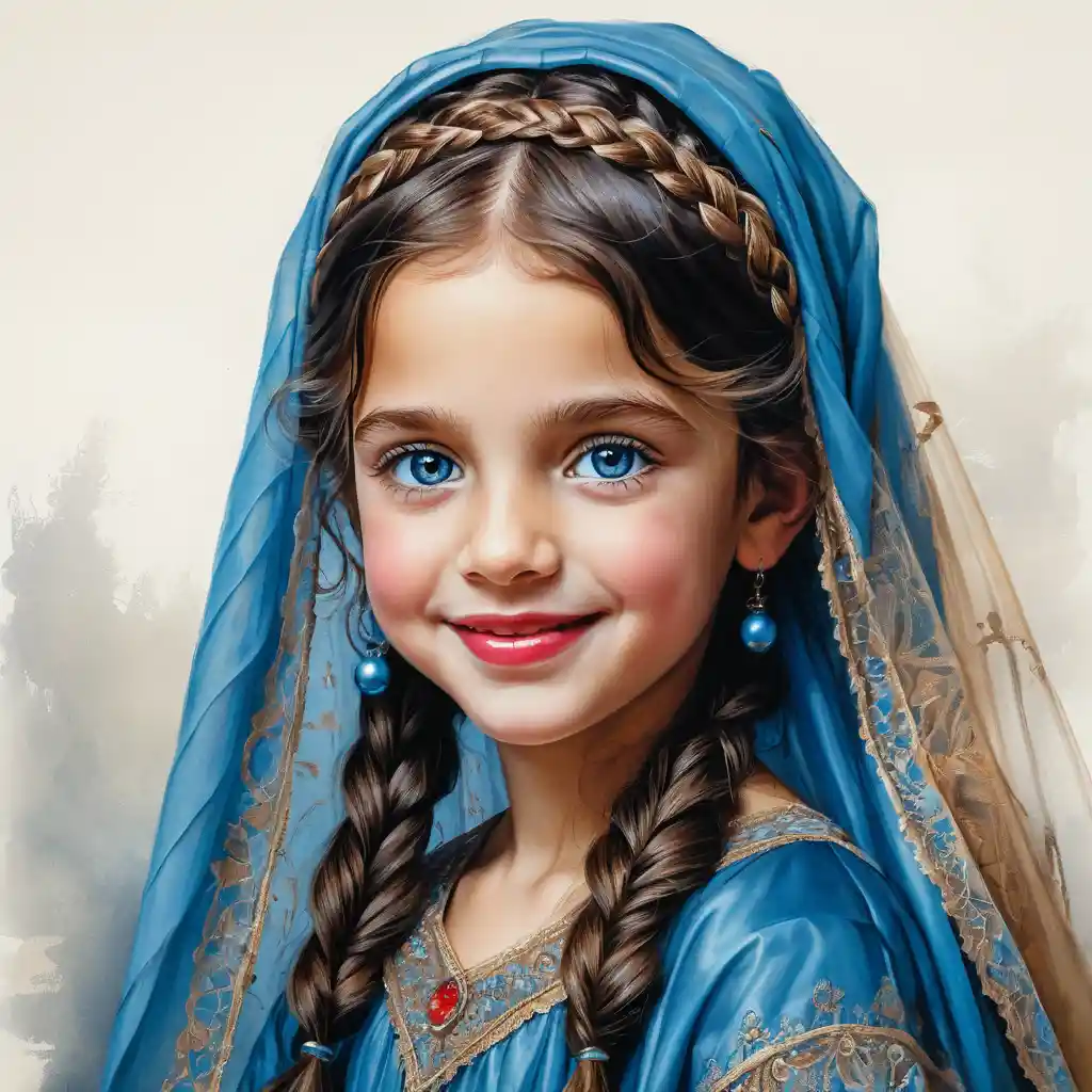 Smiling girl with blue eyes in ornate blue burqa